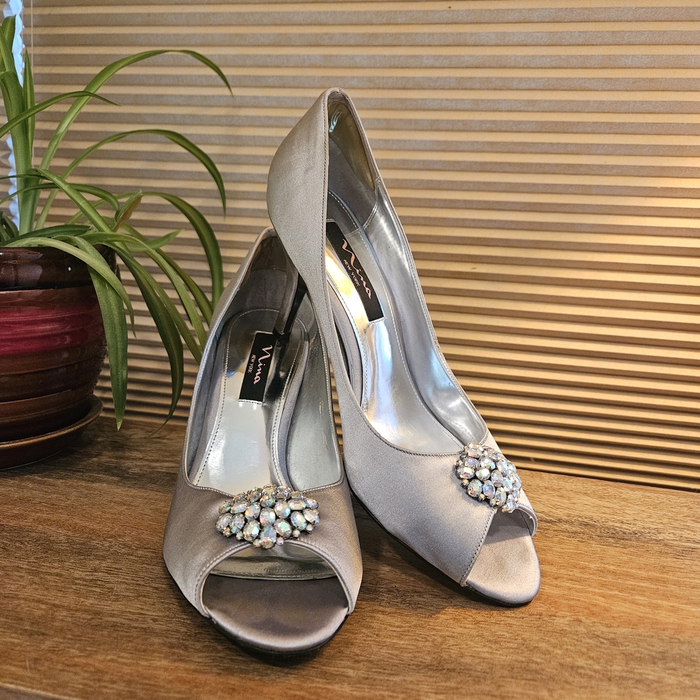Nina Silver Embellished Peep-Toe Heels